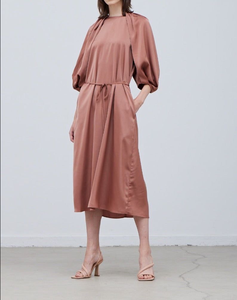 Blossom Sleeves Satin Dress - BTK COLLECTION