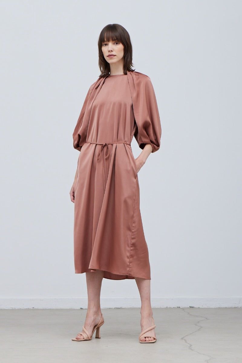 Blossom Sleeves Satin Dress - BTK COLLECTION