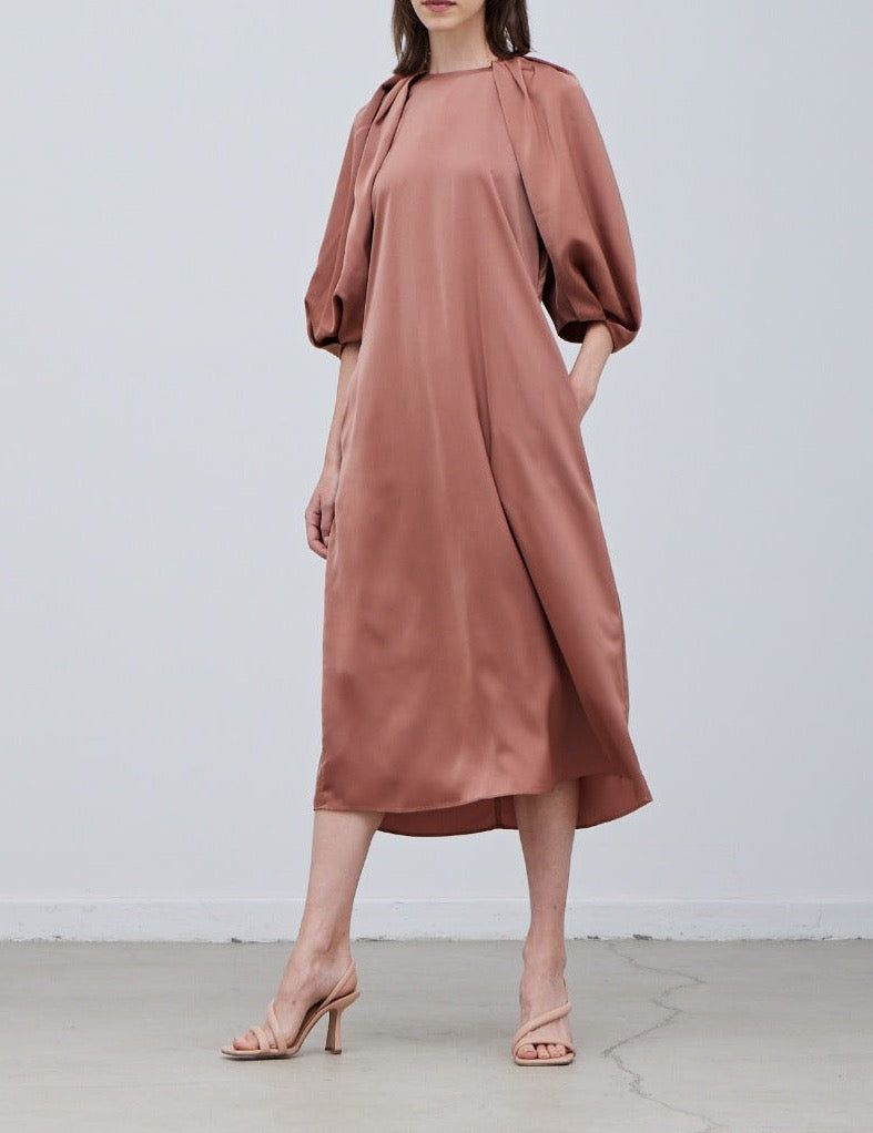 Blossom Sleeves Satin Dress - BTK COLLECTION