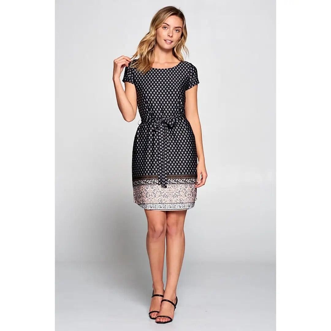 Boho Border Print Knit Dress with Waist Tie - BTK COLLECTION