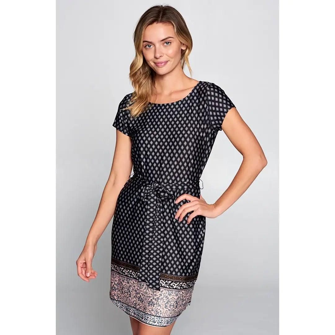 Boho Border Print Knit Dress with Waist Tie - BTK COLLECTION