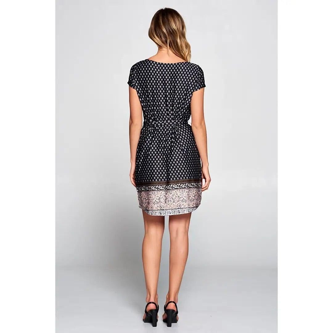 Boho Border Print Knit Dress with Waist Tie - BTK COLLECTION