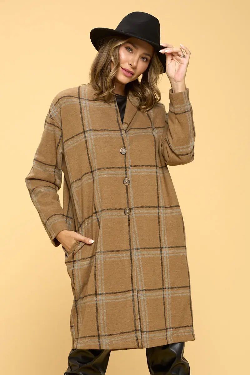 Camel Plaid Coat with Buttons and Pockets - BTK COLLECTION