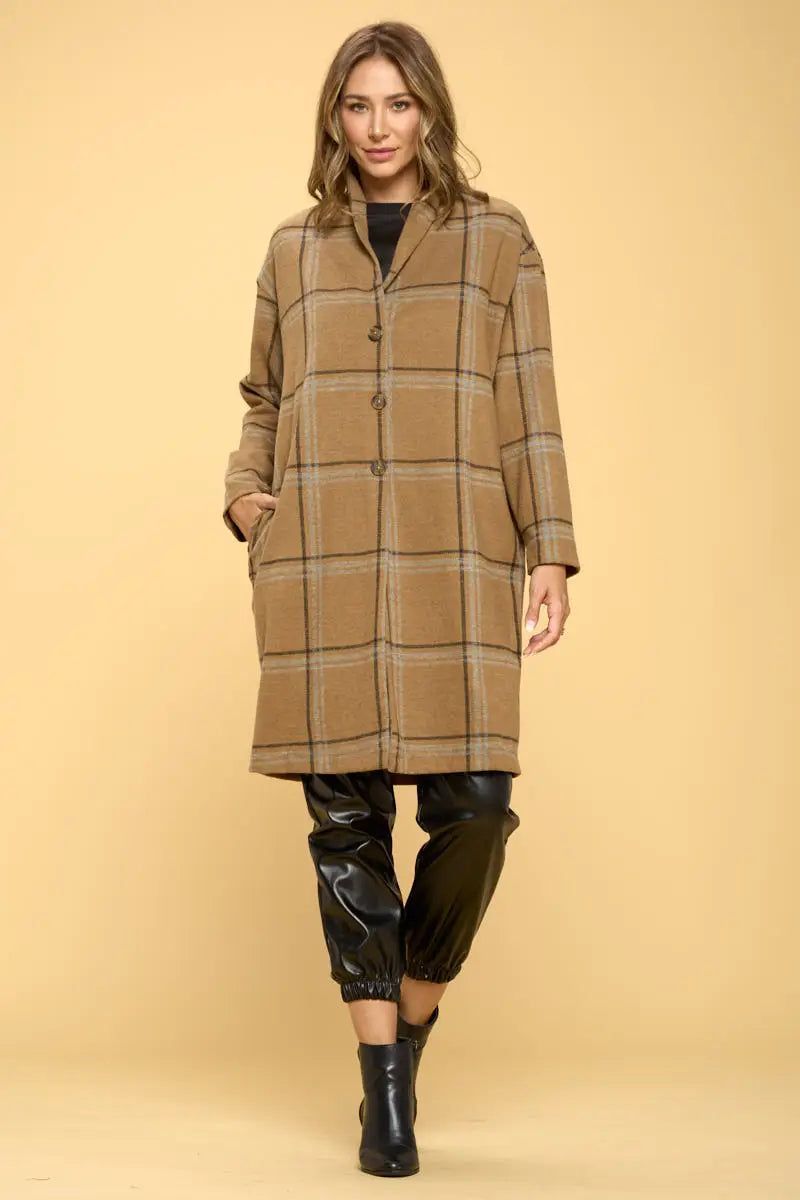 Camel Plaid Coat with Buttons and Pockets - BTK COLLECTION