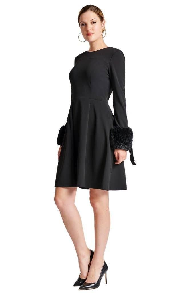 Caroline Dress - Crepe fit & flare dress with faux fur cuffs - BTK COLLECTION