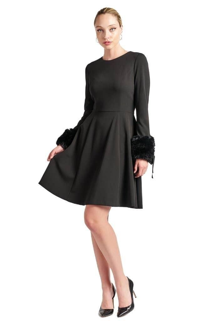 Caroline Dress - Crepe fit & flare dress with faux fur cuffs - BTK COLLECTION