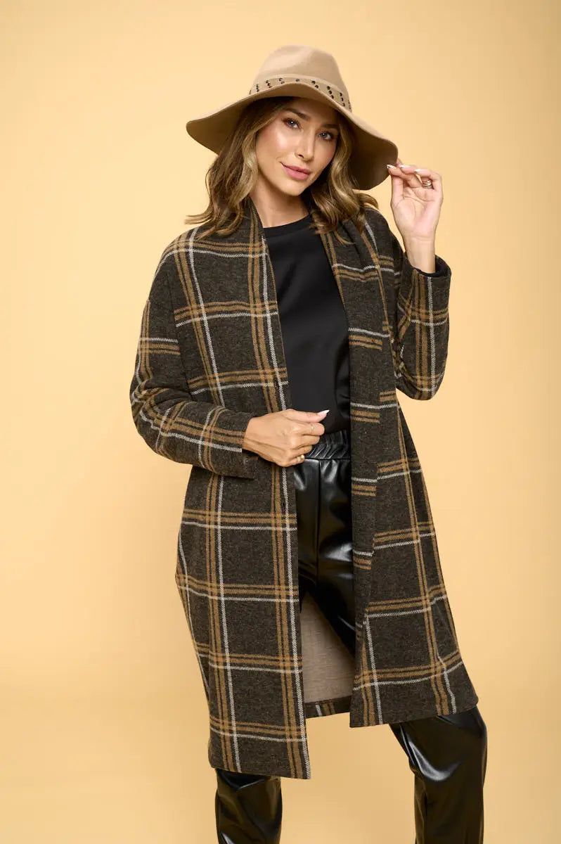 Charcoal Plaid Coat with Buttons and Pockets - BTK COLLECTION