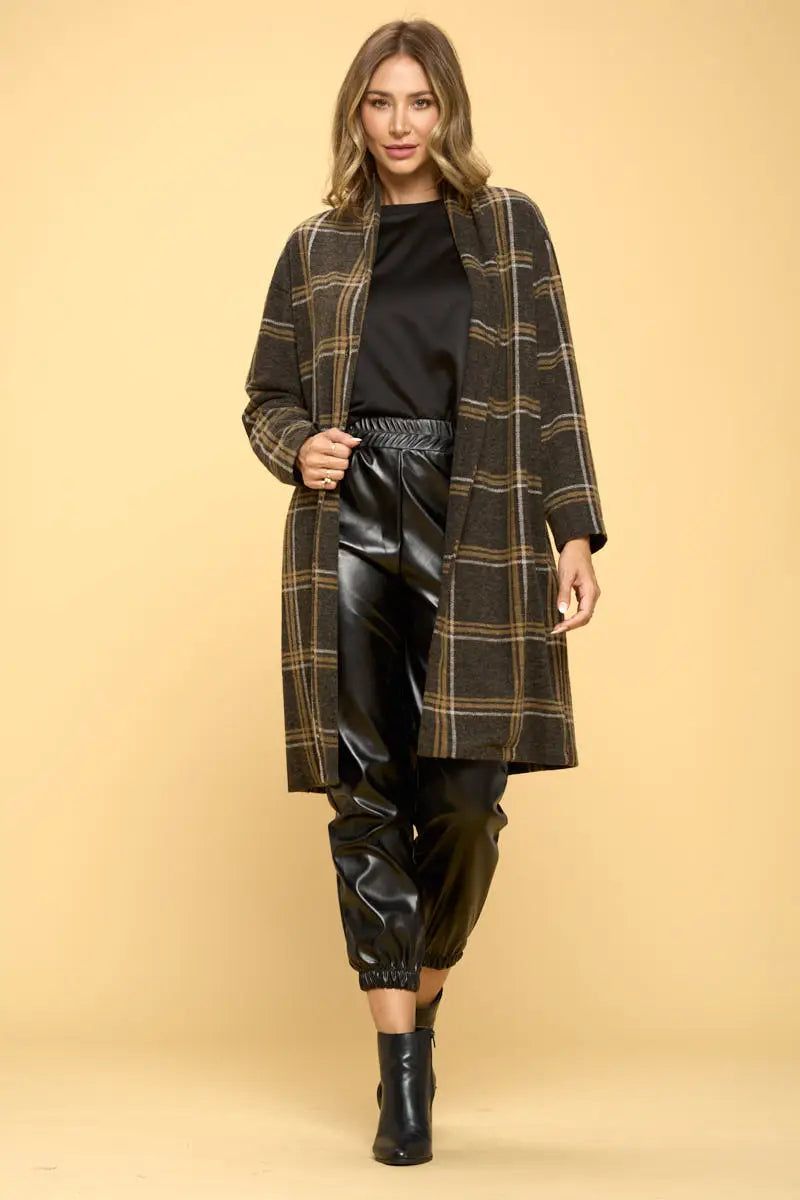 Charcoal Plaid Coat with Buttons and Pockets - BTK COLLECTION