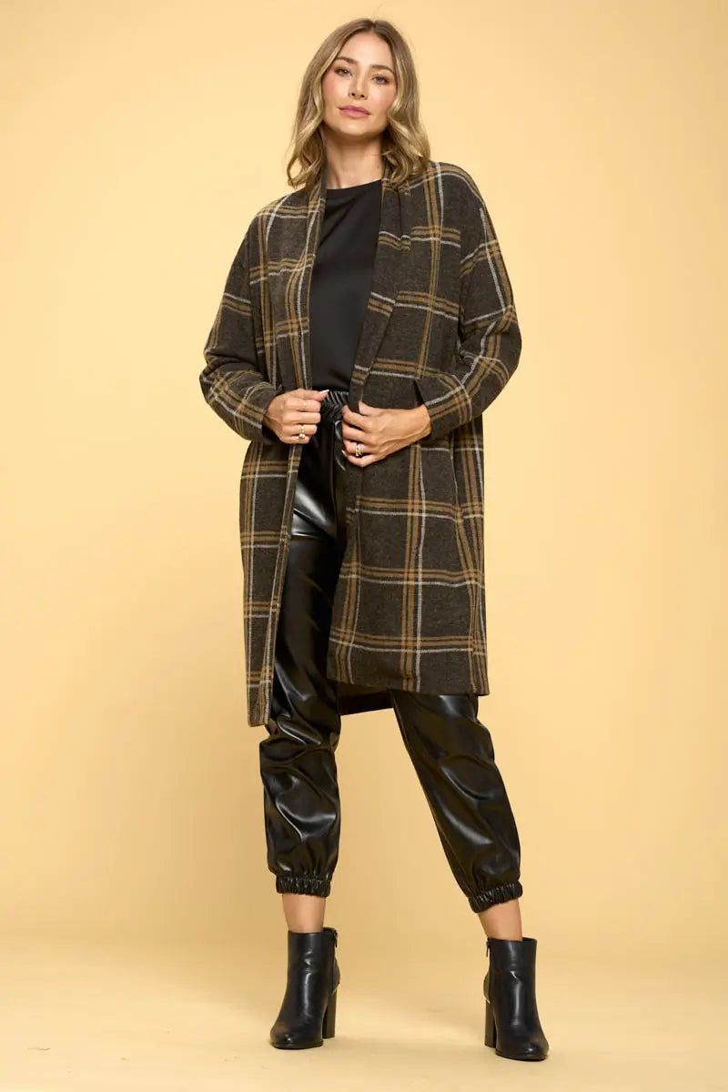 Charcoal Plaid Coat with Buttons and Pockets - BTK COLLECTION