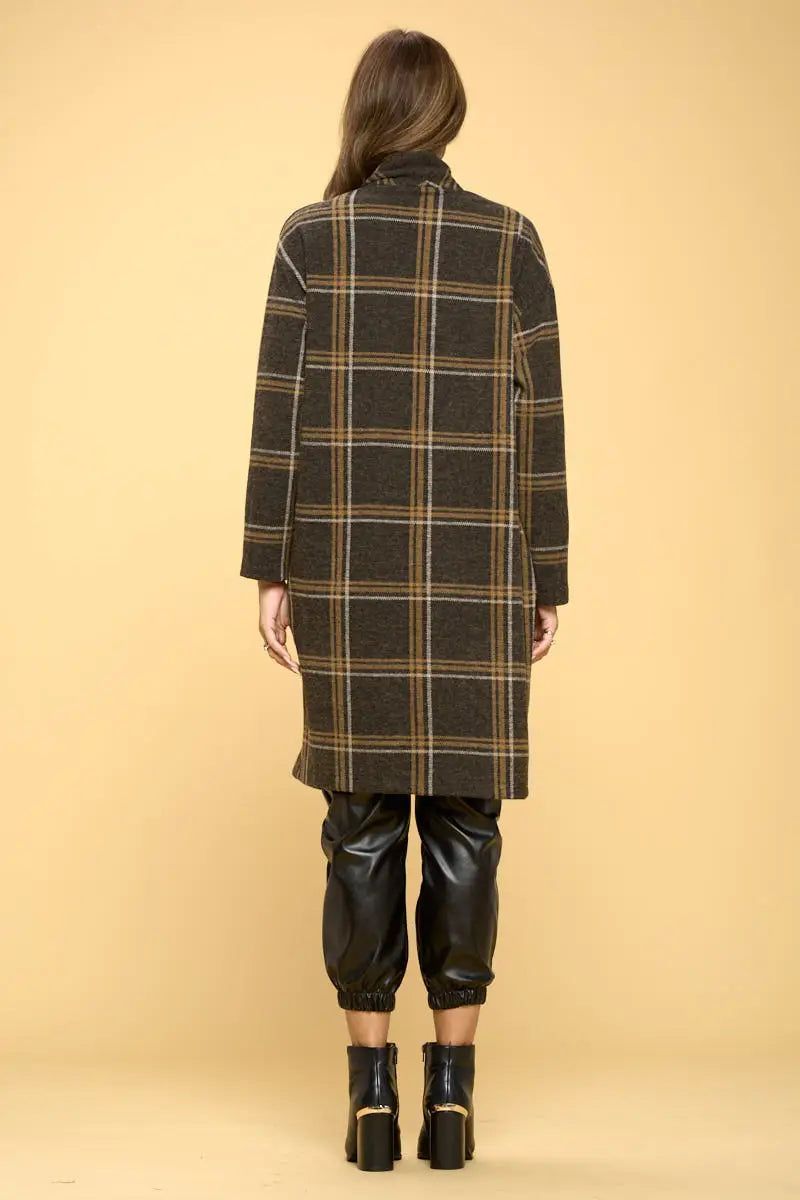 Charcoal Plaid Coat with Buttons and Pockets - BTK COLLECTION