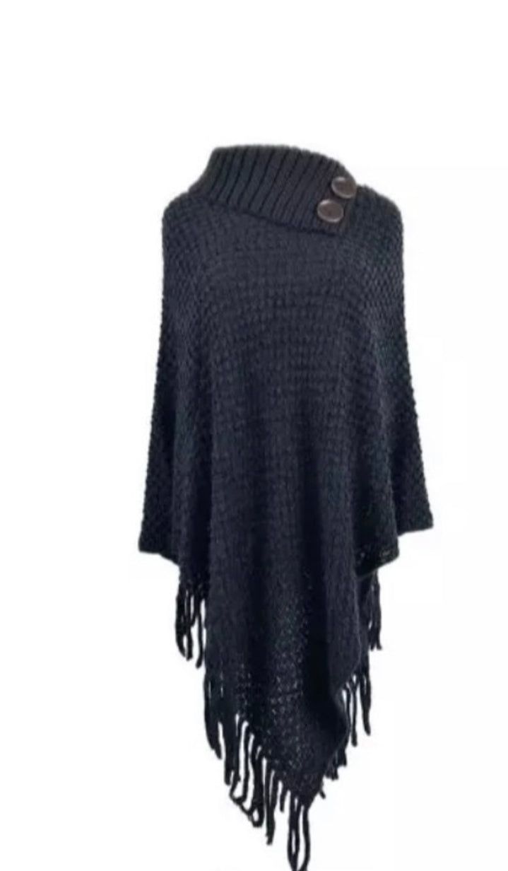 Button-collar wool fringe poncho with structured cowl neck in black