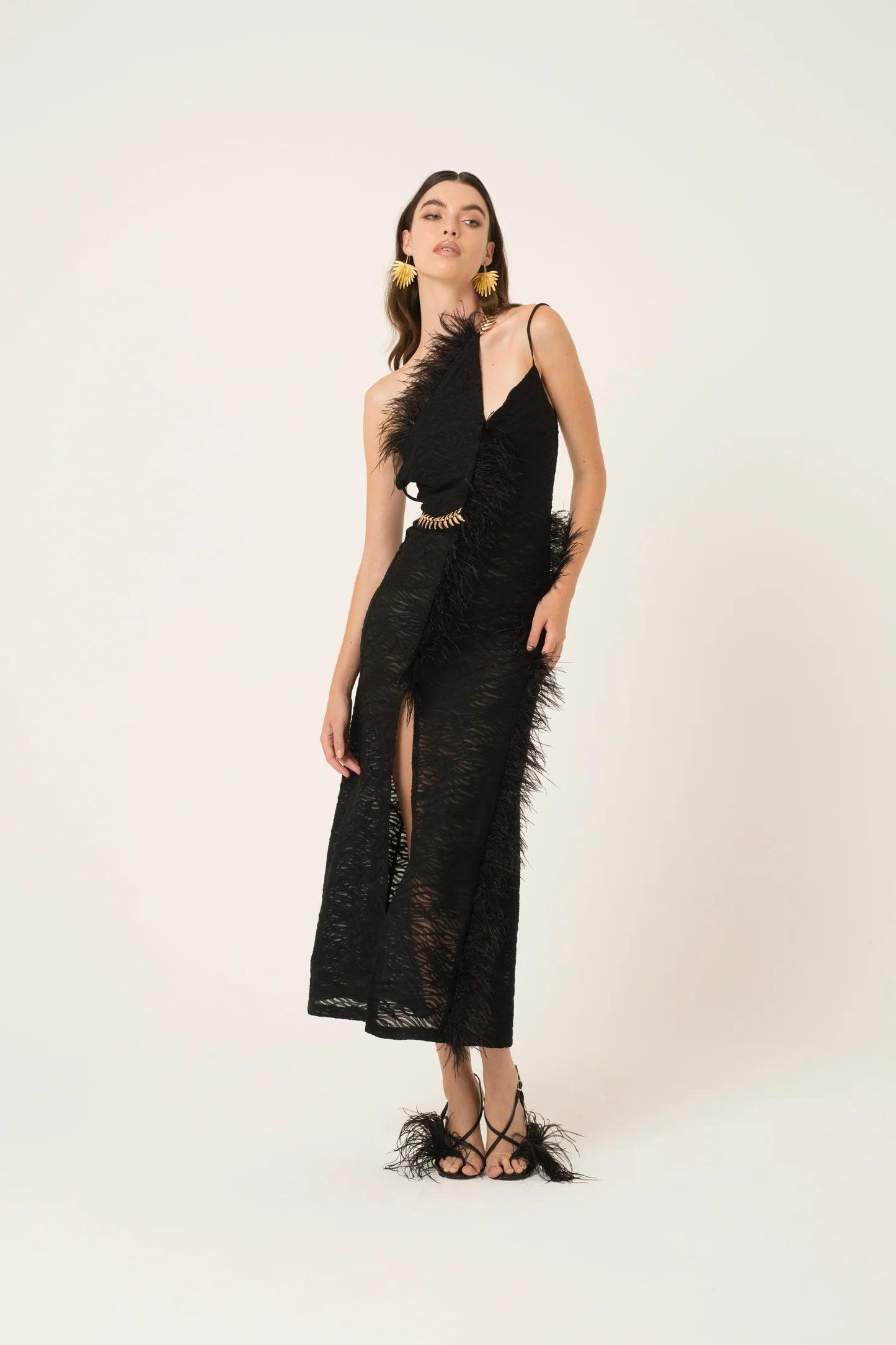 Coco Black Faux Feather Trim Dress - BTK COLLECTION