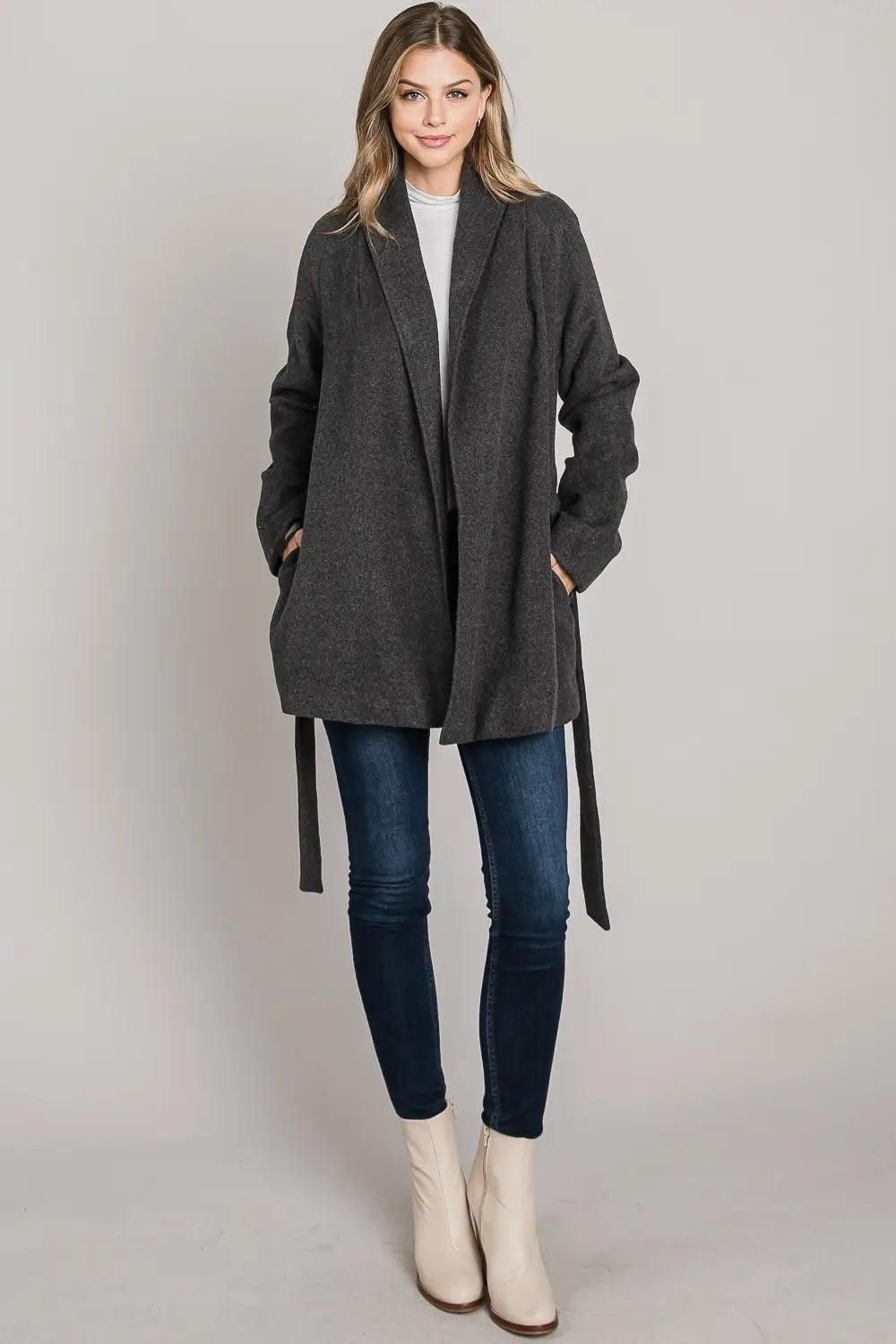 Collared Pocket Wrap Coat - BTK COLLECTIONS