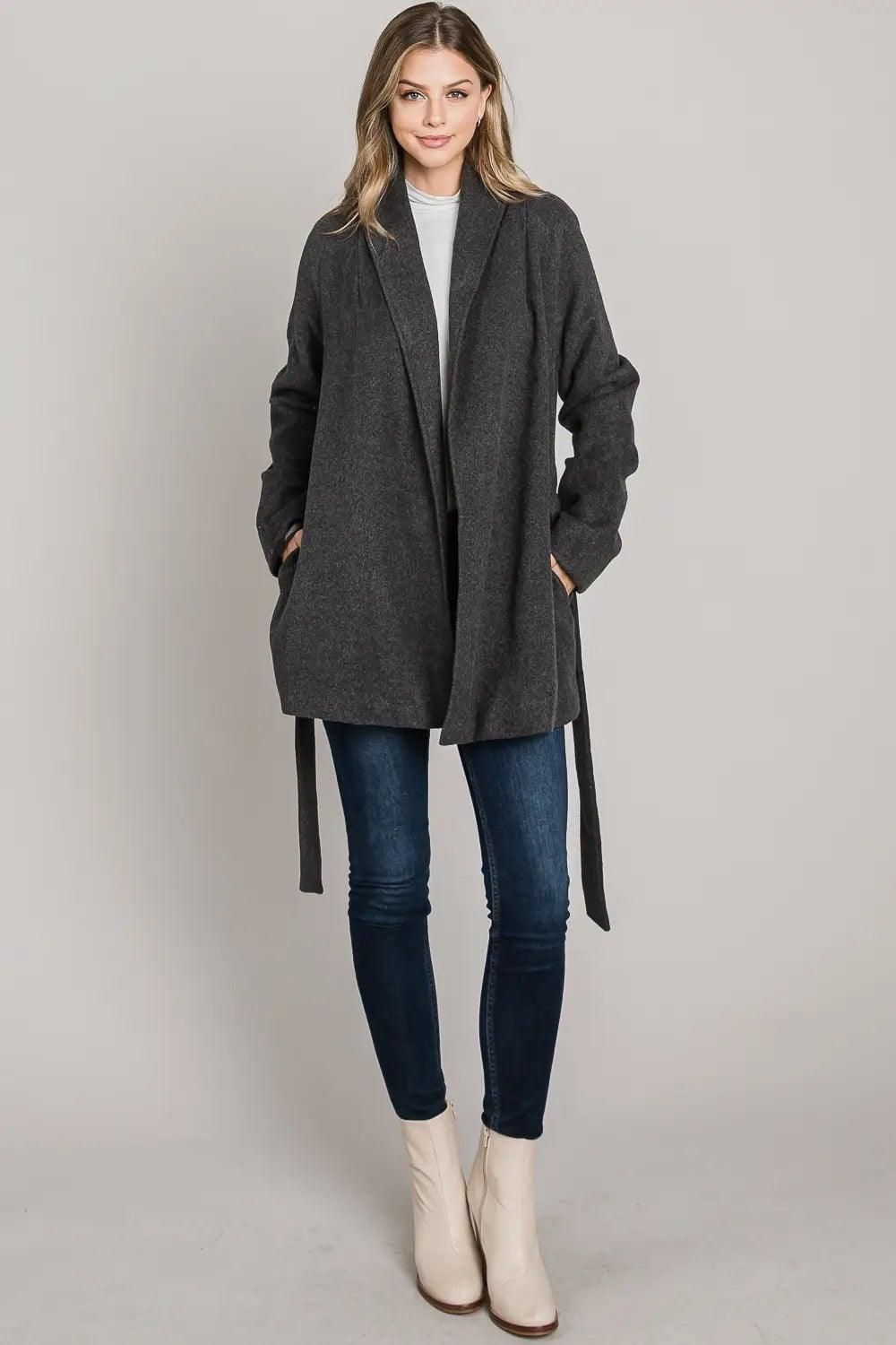 Collared Pocket Wrap Coat - BTK COLLECTION