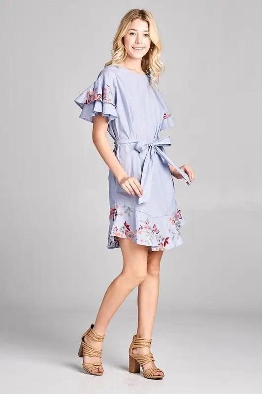 Floral Embroidery Dress with Ruffles and Tie - BTK COLLECTION