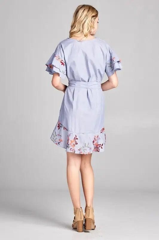 Floral Embroidery Dress with Ruffles and Tie - BTK COLLECTION