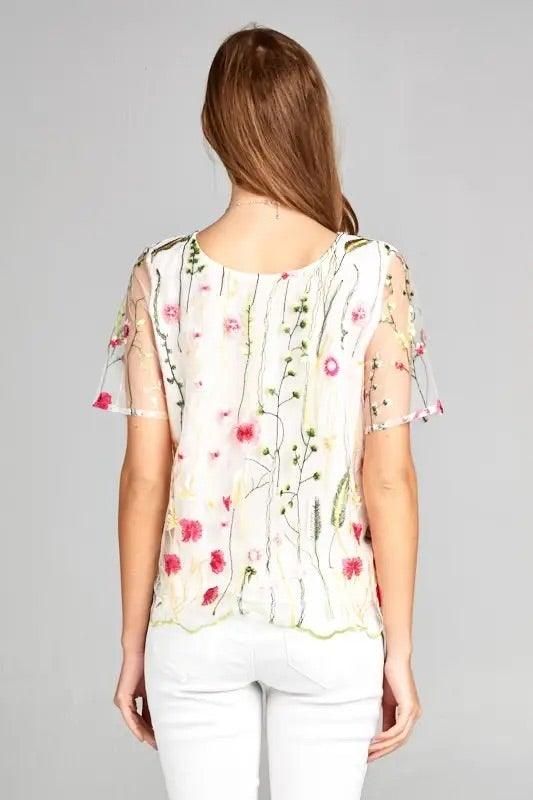 Back view of the white embroidered mesh top showing its lined body and sheer hem.
