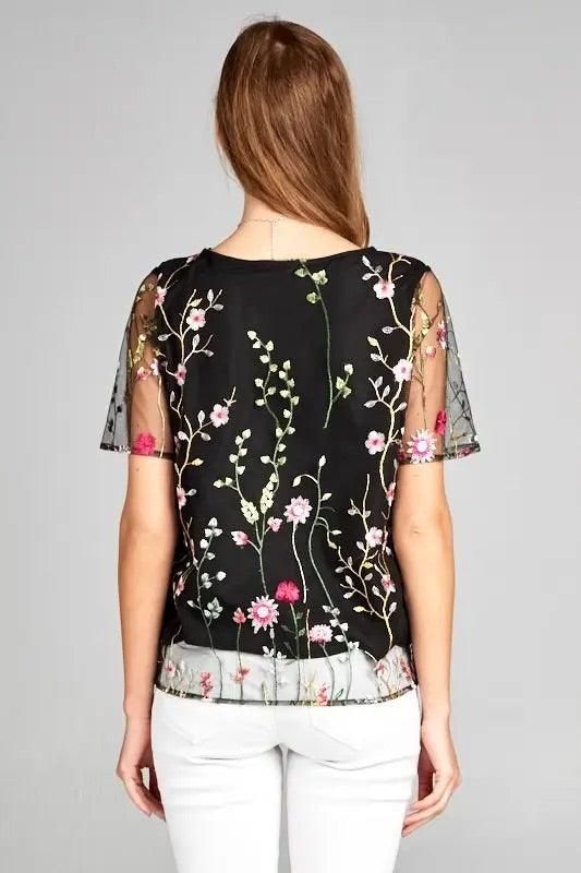 Floral Print Embroidered Top with Sheer Sleeve - BTK COLLECTIONS