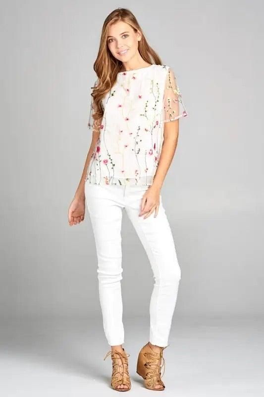 Full outfit with the white floral embroidered blouse, white jeans and tan heels.