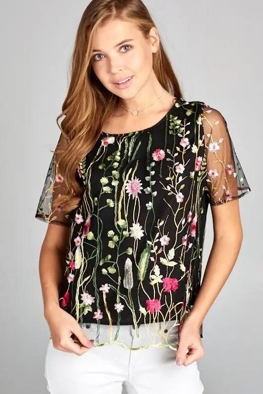 Floral Print Embroidered Top with Sheer Sleeve - BTK COLLECTION