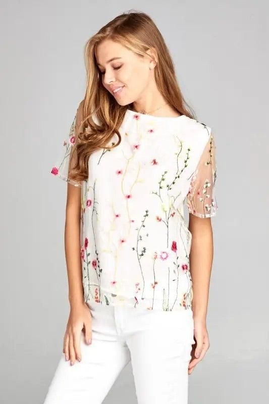 Floral Print Embroidered Top with Sheer Sleeve - BTK COLLECTION