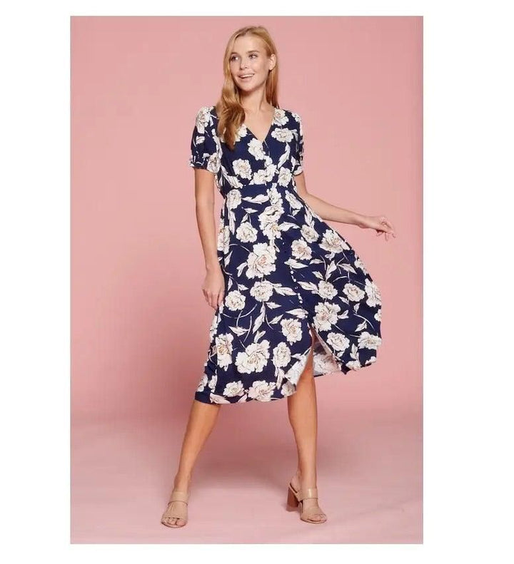 Floral Print Midi Dress With Button Detail - BTK COLLECTIONS