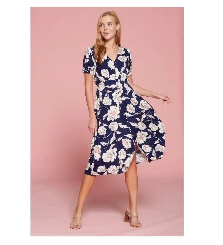 Floral Print Midi Dress With Button Detail - BTK COLLECTIONS