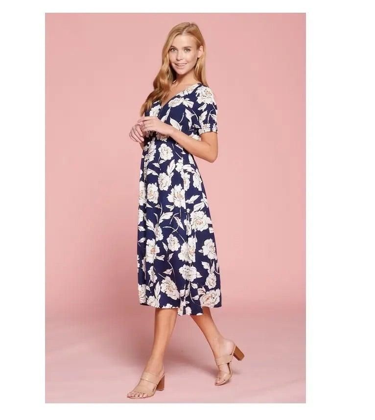 Floral Print Midi Dress With Button Detail - BTK COLLECTION