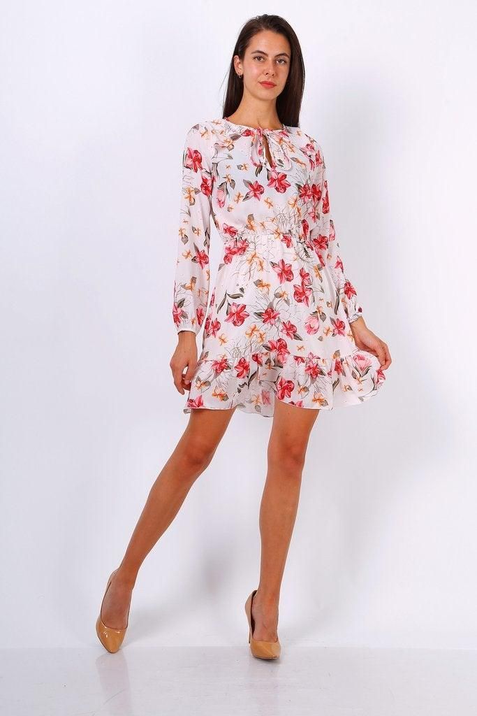 Floral Print Tie Neck Shift Dress - BTK COLLECTION