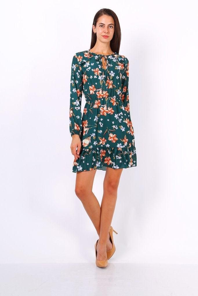 Floral Print Tie Neck Shift Dress - BTK COLLECTION