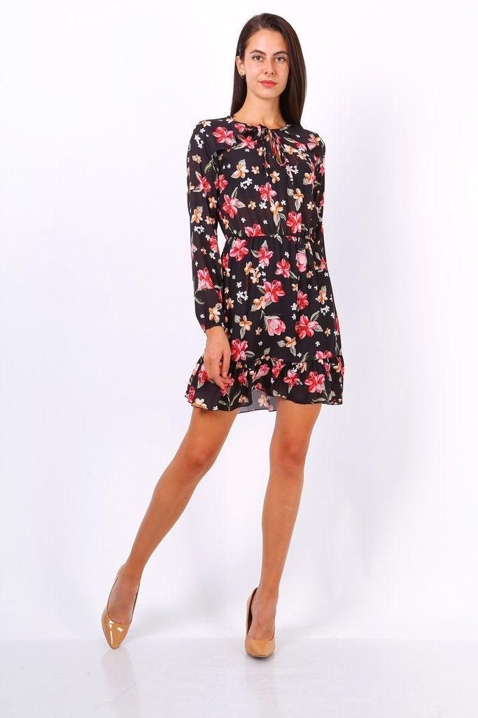 Floral Print Tie Neck Shift Dress - BTK COLLECTION