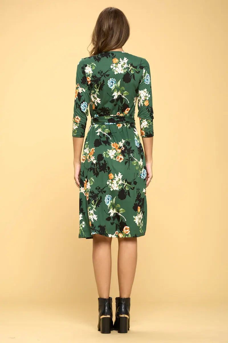 Floral Print V-Neck Jersey Wrap Dress - BTK COLLECTIONS