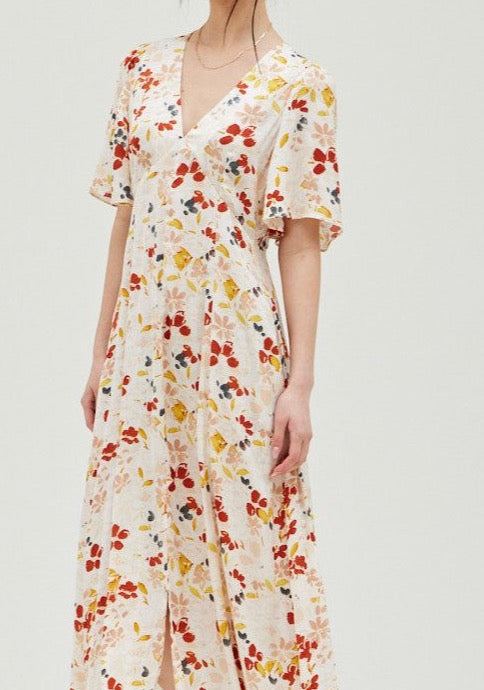 Floral Satin Print Midi Dress - BTK COLLECTION