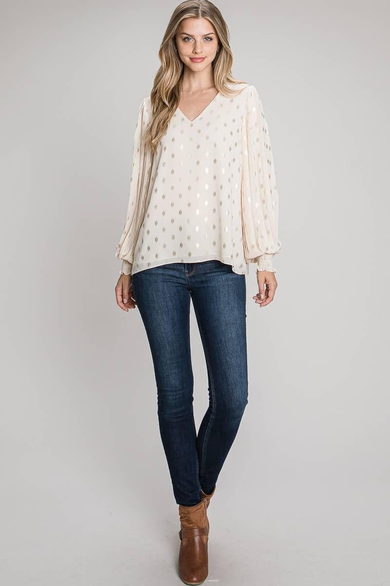 Foiled Dot Pleated Smocked Cuff Sleeve Blouse - BTK COLLECTION