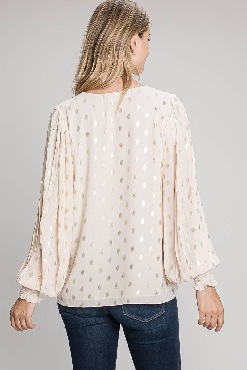 Foiled Dot Pleated Smocked Cuff Sleeve Blouse - BTK COLLECTION