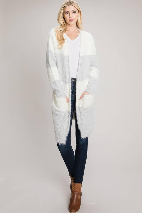 Allie Rose Heather Grey and ivory color block cardigan with an open front and two patch pockets.