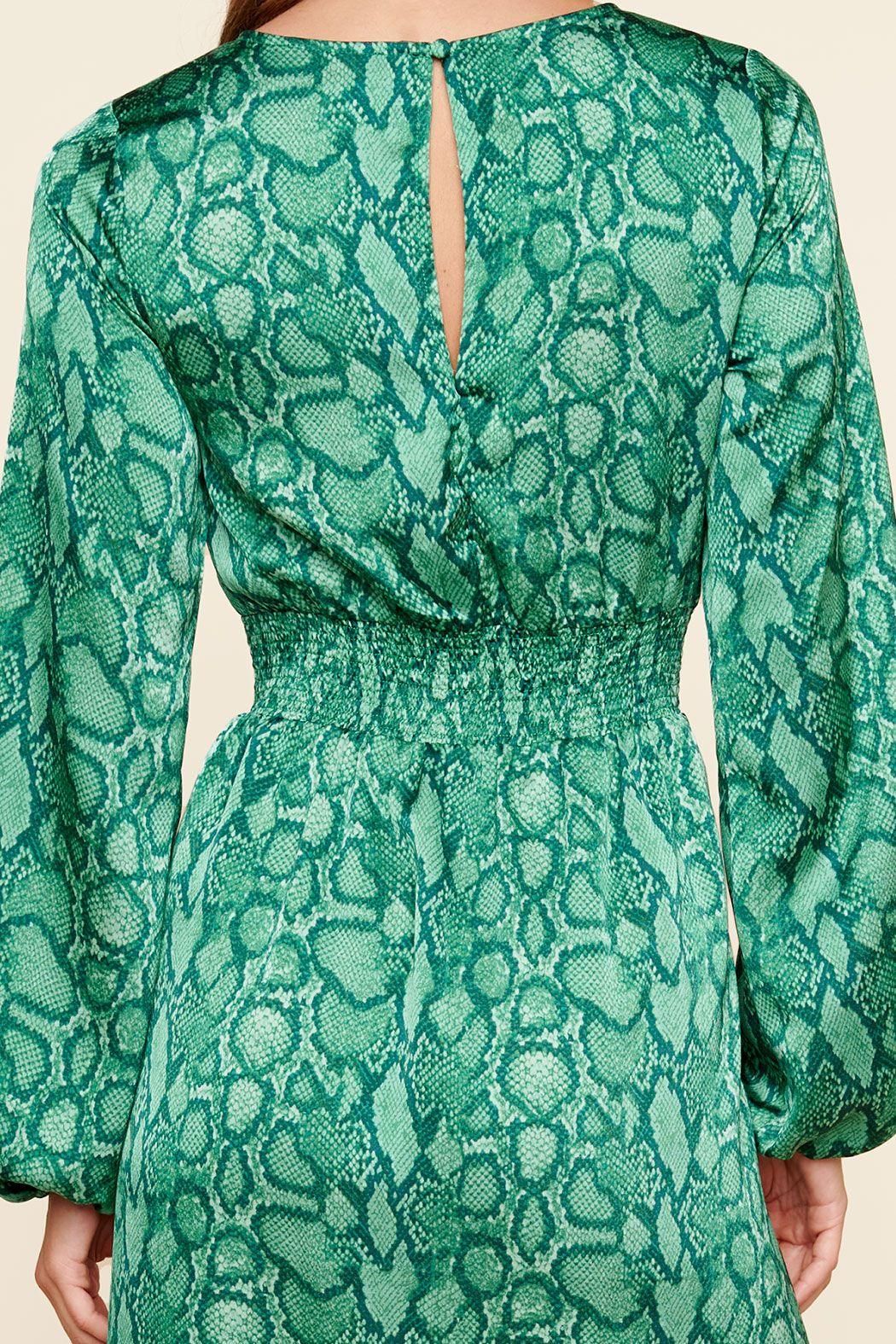 Green snake print midi dress with sleek straight silhouette and long sleeves