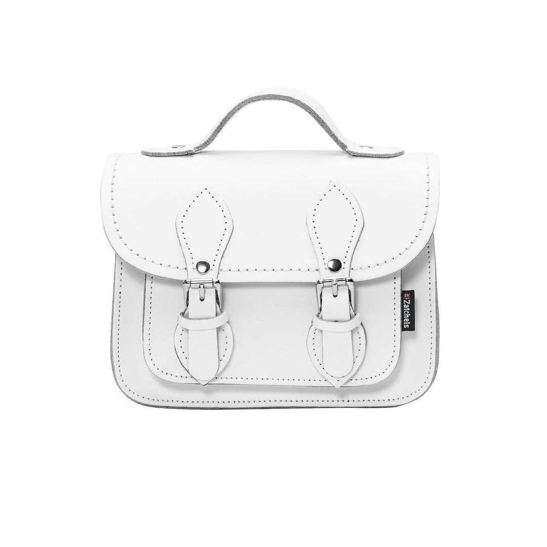 White mini leather top-handle crossbody with flap closure and stitched details