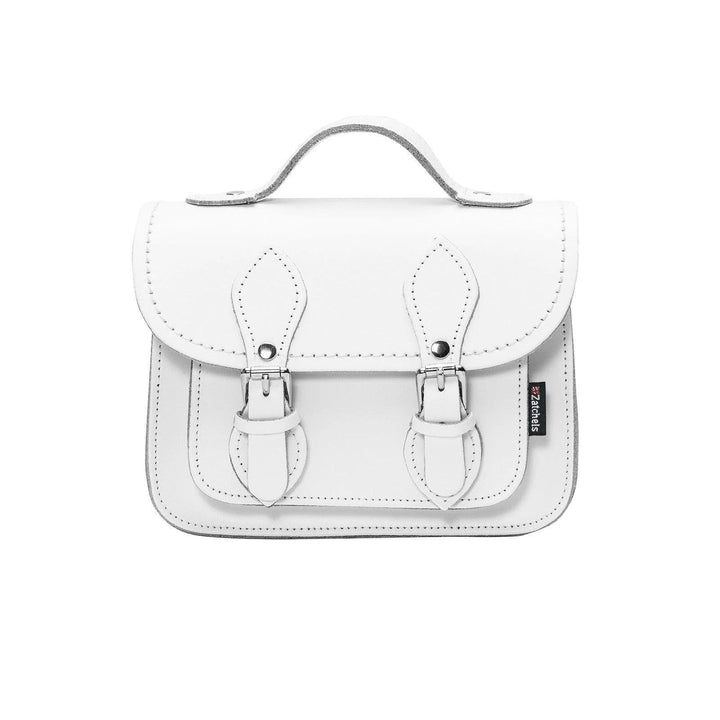 White mini leather top-handle crossbody with flap closure and stitched details