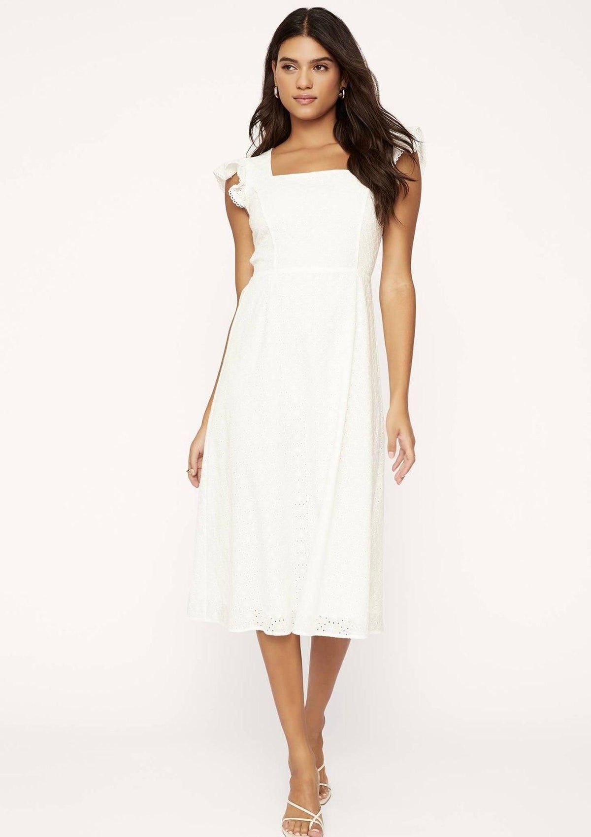 Lost + Wander Hoku Hawaii white cotton eyelet midi dress with a square neckline, ruffled shoulder straps and an A-line skirt.
