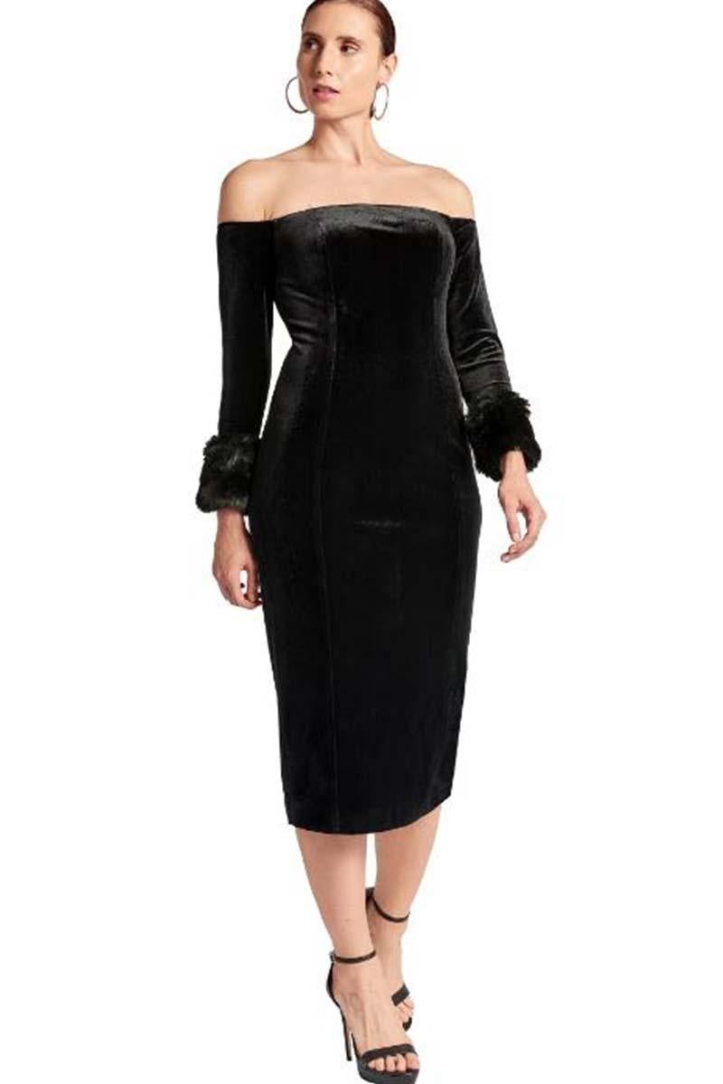 Joia Dress - Velvet off the shoulder long sleeve midi dress - BTK COLLECTION