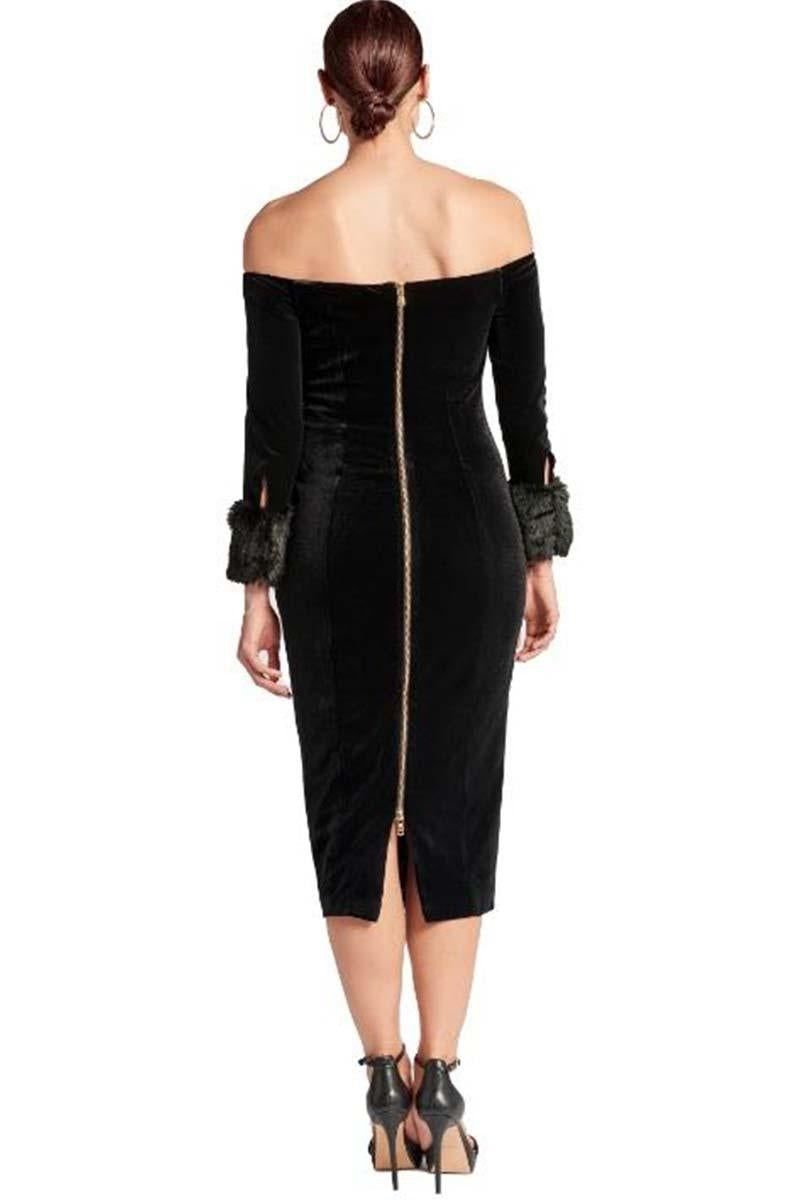 Joia Dress - Velvet off the shoulder long sleeve midi dress - BTK COLLECTION