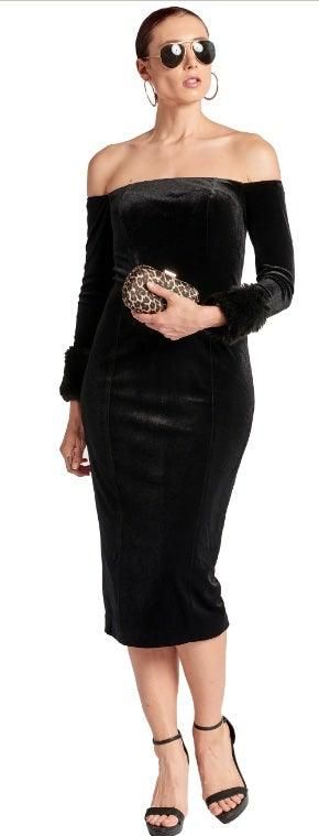 Joia Dress - Velvet off the shoulder long sleeve midi dress - BTK COLLECTION