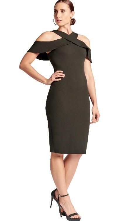 Layla Dress- Stretch crepe criss cross cut-out cold shoulder - BTK COLLECTIONS