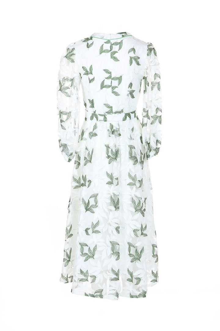 Leaves Embroidery Waist Belt Mesh Dress - BTK COLLECTIONS