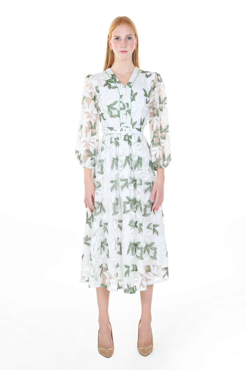 Leaves Embroidery Waist Belt Mesh Dress - BTK COLLECTION