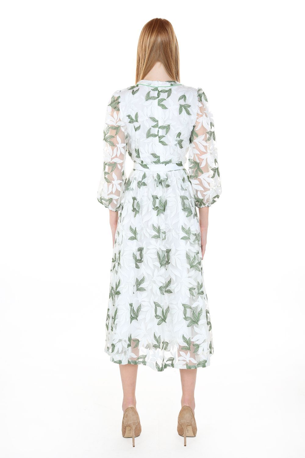 Leaves Embroidery Waist Belt Mesh Dress - BTK COLLECTION