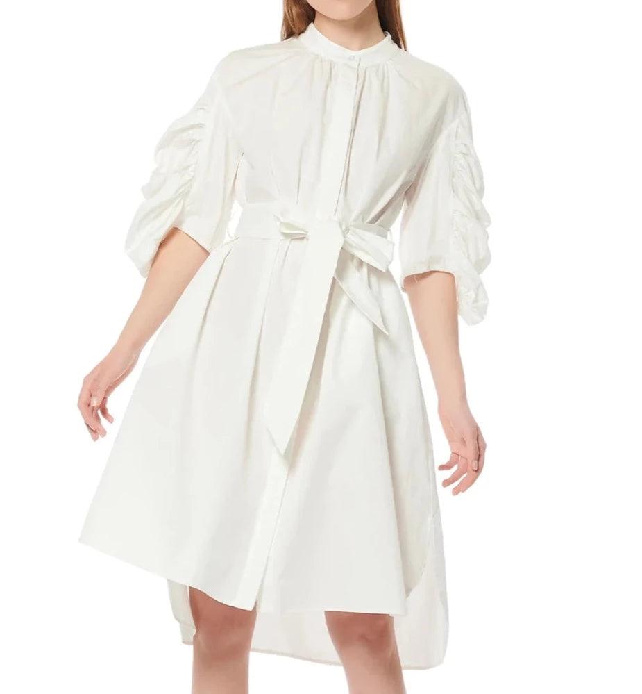 Long Button Down Belted Dress With Ruched Puff Sleeve - BTK COLLECTION