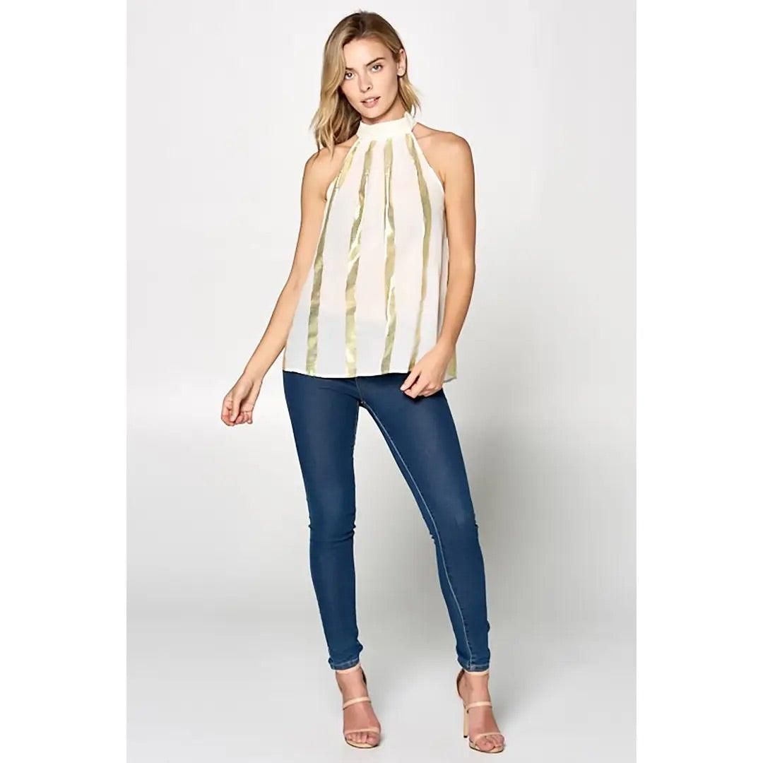 Metallic Striped High Neck Top with Back Tie - BTK COLLECTION