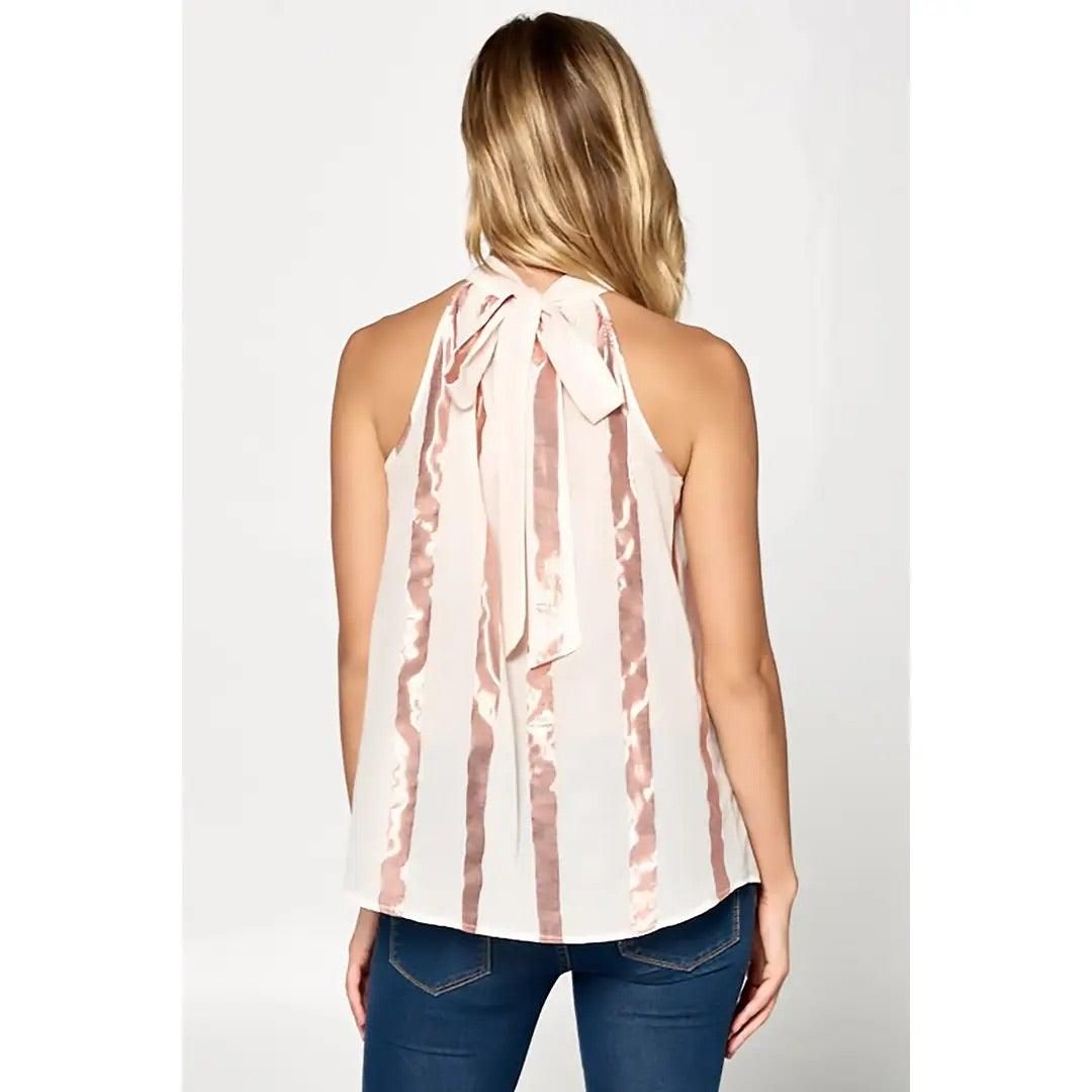 Metallic Striped High Neck Top with Back Tie - BTK COLLECTION